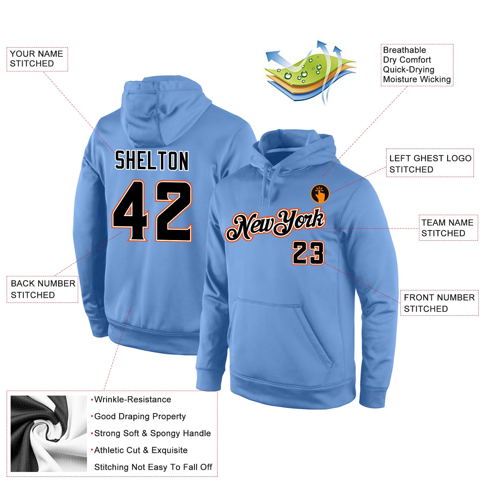 Personalized Stitched Light Blue Black-Orange Sports Pullover Sweatshirt Hoodie Team Custom Name and Number Custom Name Number Sports Hoodie Light Blue Black Orange Stitched Pullover Sweatshirt for Team Personalized Stitched Light - Image 4