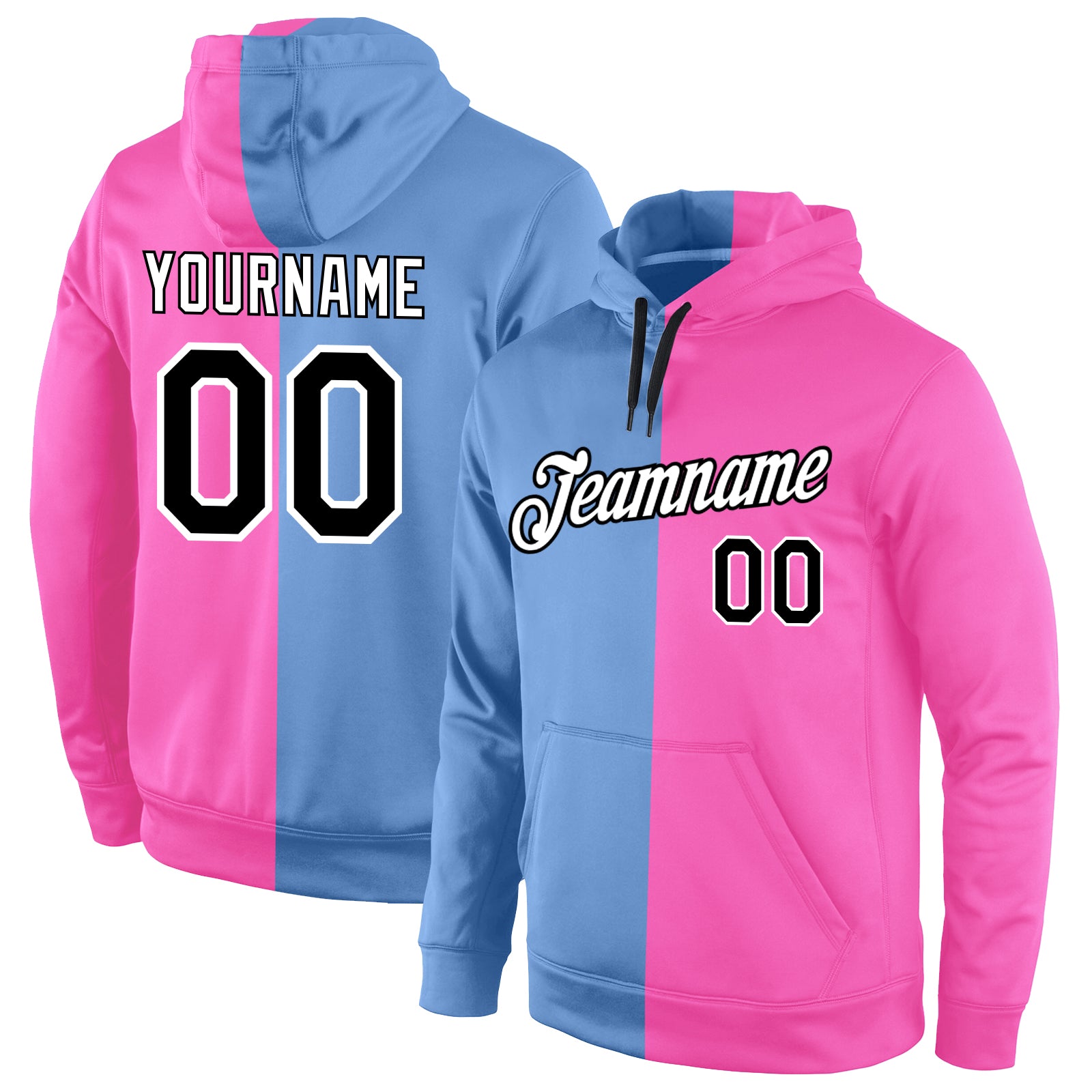 Custom Name Number Pullover Sports Hoodie Sweatshirt Light Blue Black-Pink Stylish Split Design Personalized Stitched Light