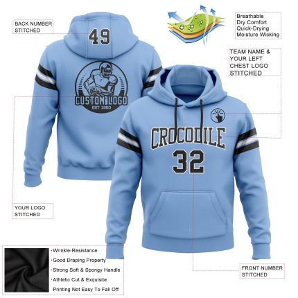 Custom Light Blue Black-White Football Hoodie with Personalized Name and Number - Pullover Sweatshirt Personalized Stitched
