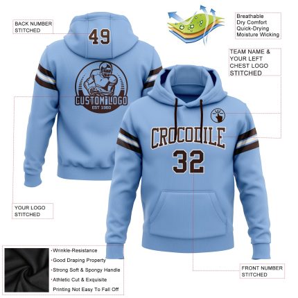 Custom Name Number Light Blue Brown White Football Hoodie Pullover Sweatshirt Personalized Team Apparel Personalized Stitched