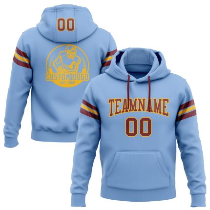 Custom Light Blue Burgundy-Gold Football Hoodie with Name & Number - Personalized Stitched Pullover Sweatshirt Personalized