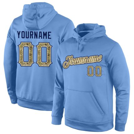 Custom Name and Number Light Blue Camo Navy Pullover Hoodie Sweatshirt for Sports Team Personalized Stitched Light Blue Camo-Navy