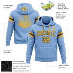 Custom Light Blue Football Hoodie with Gold-Black Stitching, Personalized Name & Number Pullover Sweatshirt Personalized