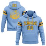 Custom Light Blue Football Hoodie with Gold-Black Stitching, Personalized Name & Number Pullover Sweatshirt Personalized