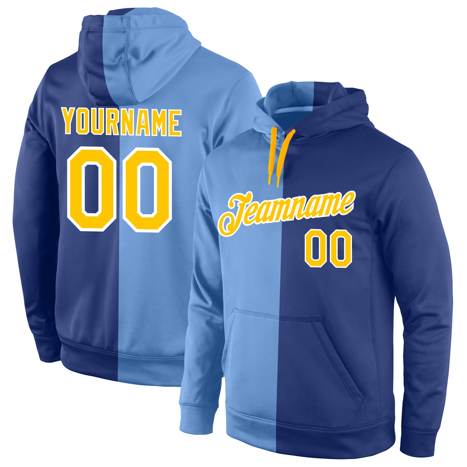 Custom Name Number Sports Hoodie Light Blue Gold-Royal Split Fashion Pullover Sweatshirt Personalized Stitched Light Blue
