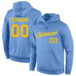 Custom Team Name Number Hoodie Light Blue Gold Sports Sweatshirt Pullover - Personalized Stitched Design Personalized Stitched