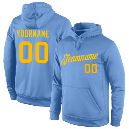 Custom Team Name Number Hoodie Light Blue Gold Sports Sweatshirt Pullover - Personalized Stitched Design Personalized Stitched