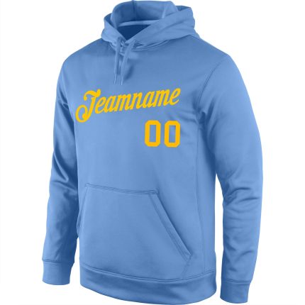 Custom Team Name Number Hoodie Light Blue Gold Sports Sweatshirt Pullover - Personalized Stitched Design Personalized Stitched