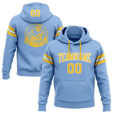 Custom Light Blue Gold White Football Hoodie with Stitched Name & Number - Personalized Pullover Sweatshirt Personalized