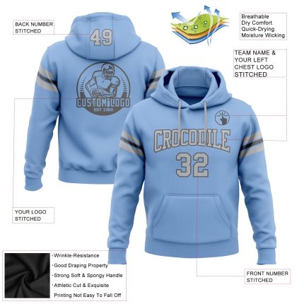 Custom Name Number Football Hoodie Sweatshirt Light Blue Gray Steel Gray Pullover Personalized Team Apparel Personalized