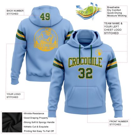 Custom Name Number Football Hoodie Light Blue Green Gold Stitched Pullover Sweatshirt for Team Personalized Stitched Light