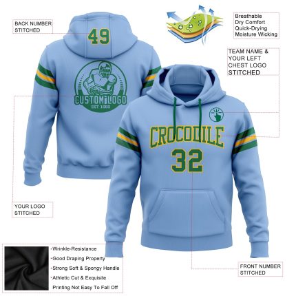 Custom Name Number Football Hoodie Sweatshirt Light Blue Kelly Green Gold Stitched Pullover Team Apparel Personalized Stitched