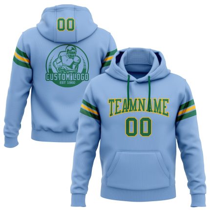 Custom Name Number Football Hoodie Sweatshirt Light Blue Kelly Green Gold Stitched Pullover Team Apparel Personalized Stitched