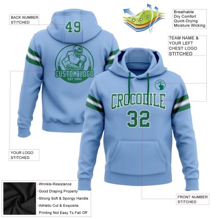 Custom Name Number Football Hoodie Sweatshirt Light Blue Kelly Green Stitched Pullover for Teams Personalized Stitched Light
