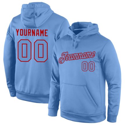 Custom Name and Number Sports Hoodie - Personalized Light Blue-Red Stitched Pullover Sweatshirt for Team Events Personalized
