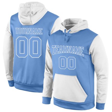 Custom Name and Number Sports Hoodie - Personalized Light Blue and White Pullover Sweatshirt Personalized Stitched Light