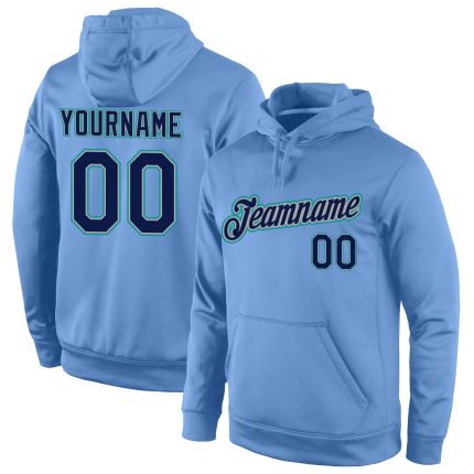 Custom Name and Number Sports Hoodie Light Blue Navy Aqua Stitched Pullover Sweatshirt Personalized Stitched Light Blue Navy-Aqua