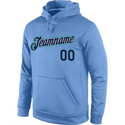 Custom Name and Number Sports Hoodie Light Blue Navy Aqua Stitched Pullover Sweatshirt Personalized Stitched Light Blue Navy-Aqua