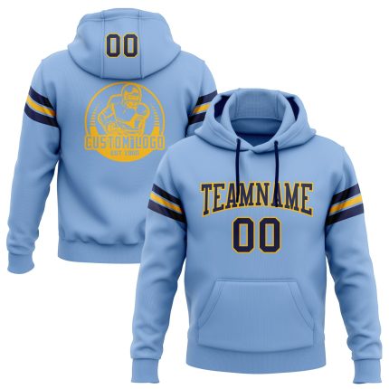 Customizable Light Blue Navy-Gold Football Hoodie with Stitched Name & Number - Personalized Pullover Sweatshirt Personalized