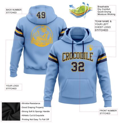 Customizable Light Blue Navy-Gold Football Hoodie with Stitched Name & Number - Personalized Pullover Sweatshirt Personalized