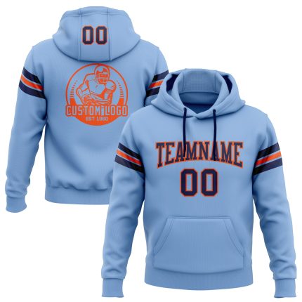 Custom Name Number Football Hoodie Sweatshirt Light Blue Navy Orange Stitched Pullover Personalized Stitched Light Blue Navy-Orange
