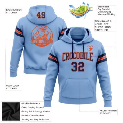Custom Name Number Football Hoodie Sweatshirt Light Blue Navy Orange Stitched Pullover Personalized Stitched Light Blue Navy-Orange