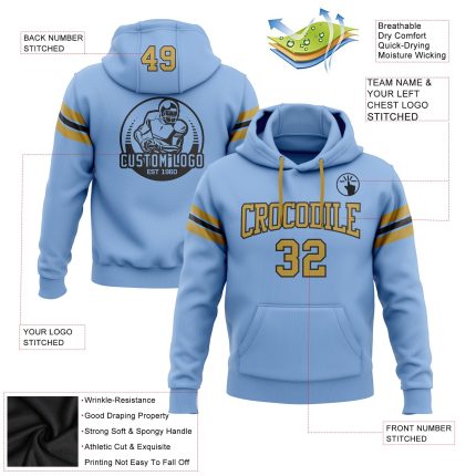 Custom Football Hoodie with Name & Number - Light Blue & Old Gold Pullover Sweatshirt Personalized Stitched Light Blue Old