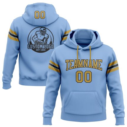 Custom Football Hoodie with Name & Number - Light Blue & Old Gold Pullover Sweatshirt Personalized Stitched Light Blue Old