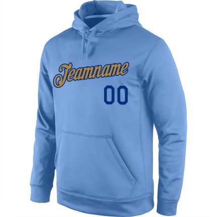 Custom Name Number Sports Hoodie Light Blue Old Gold-Royal Stitched Pullover Sweatshirt for Teams Personalized Stitched Light