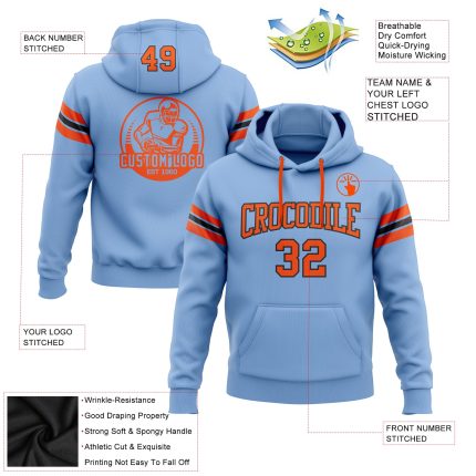 Custom Light Blue Orange Black Football Hoodie Sweatshirt with Stitched Name and Number - Personalized Team Pullover Personalized