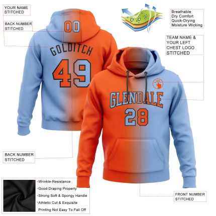 Custom Name and Number Pullover Hoodie - Personalized Light Blue Orange-Black Gradient Sports Sweatshirt Personalized Stitched