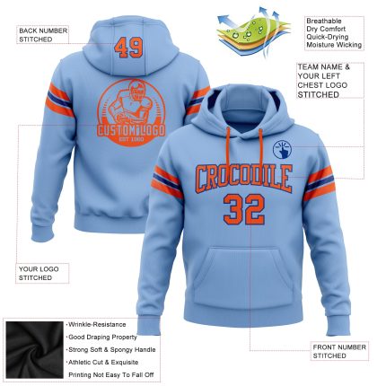 Custom Name Number Football Hoodie Light Blue Orange Royal Stitched Pullover Sweatshirt for Team Personalized Stitched Light