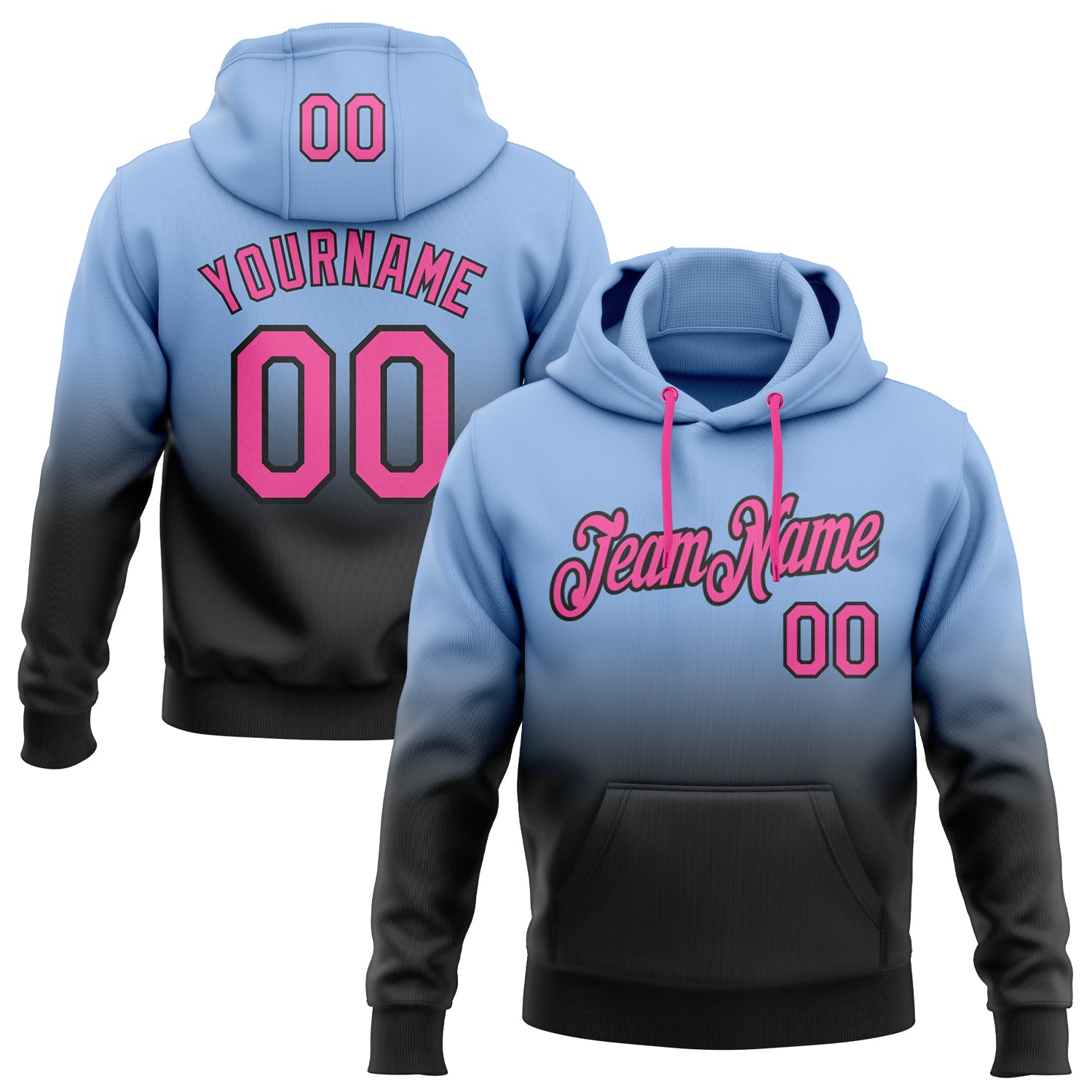 Personalized Light Blue Pink Black Fade Sports Hoodie Sweatshirt Pullover Personalized Stitched Light Blue Pink-Black Fade