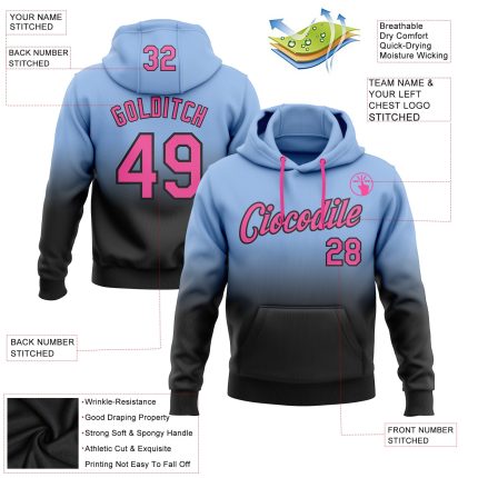 Personalized Light Blue Pink Black Fade Sports Hoodie Sweatshirt Pullover Personalized Stitched Light Blue Pink-Black Fade