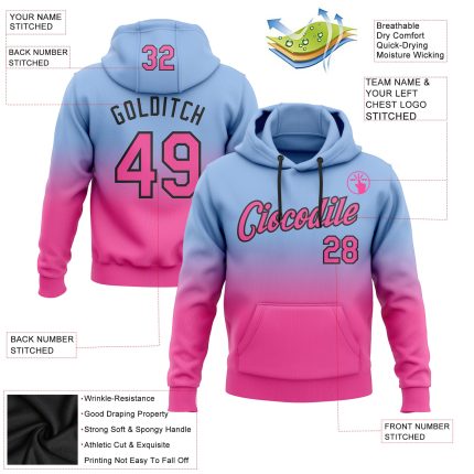 Custom Name and Number Hoodie - Personalized Light Blue Pink-Black Fade Sports Pullover Sweatshirt Personalized Stitched