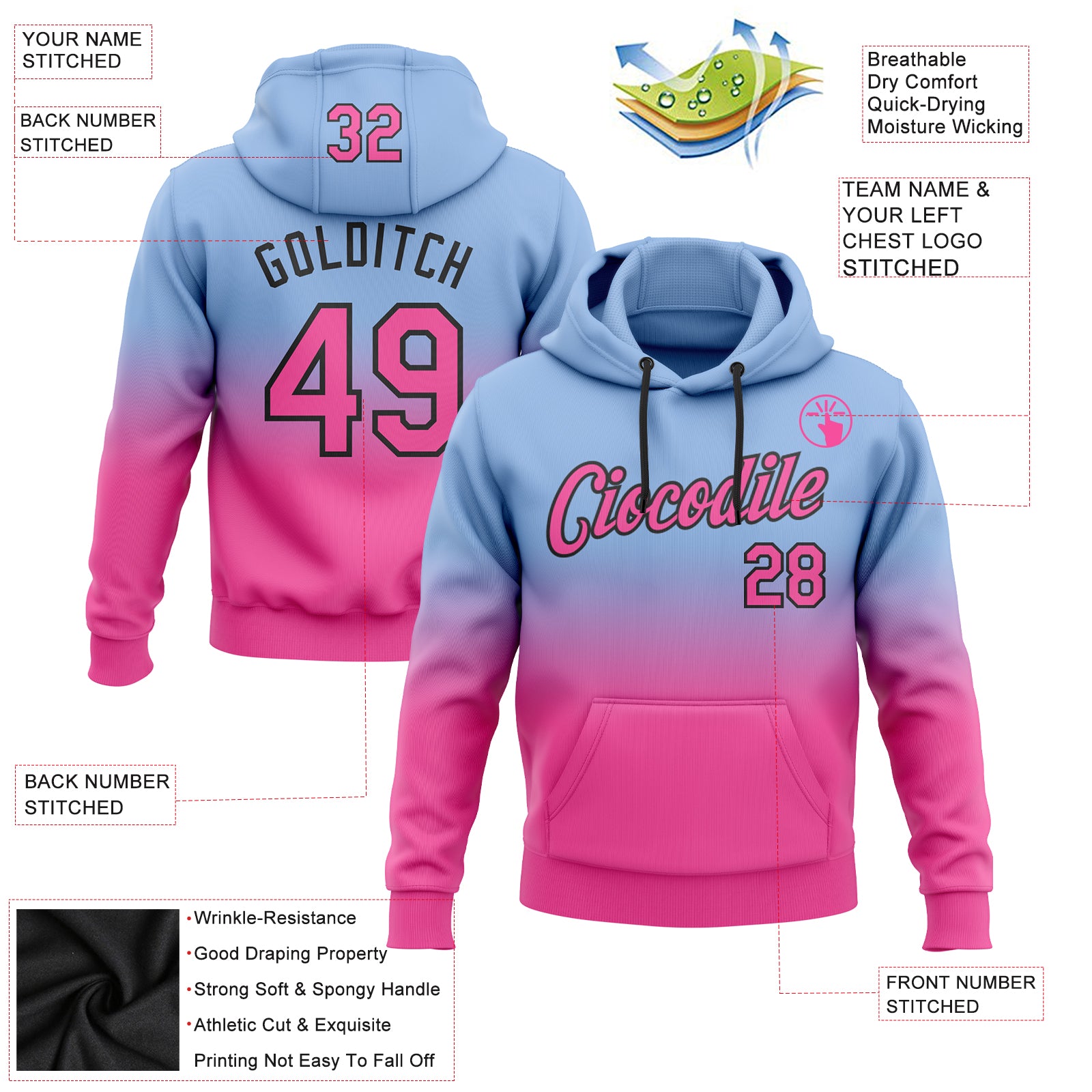 Personalized Stitched Light Blue Pink-Black Fade Fashion Sports Pullover Sweatshirt Hoodie Team Custom Name and Number Custom Name and Number Hoodie - Personalized Light Blue Pink-Black Fade Sports Pullover Sweatshirt Personalized Stitched - Image 2