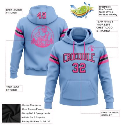 Custom Team Name and Number Light Blue Pink Black Football Hoodie Pullover Sweatshirt Personalized Stitched Light Blue Pink-Black