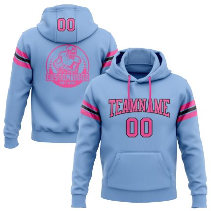 Custom Team Name and Number Light Blue Pink Black Football Hoodie Pullover Sweatshirt Personalized Stitched Light Blue Pink-Black