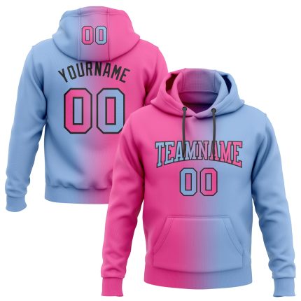 Custom Light Blue Pink-Black Gradient Sports Hoodie with Personalized Name and Number - Pullover Sweatshirt Personalized