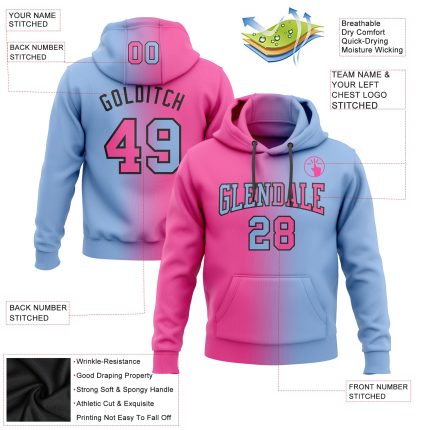 Custom Light Blue Pink-Black Gradient Sports Hoodie with Personalized Name and Number - Pullover Sweatshirt Personalized