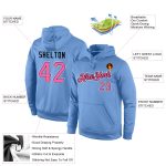 Custom Name and Number Sports Hoodie for Teams - Personalized Light Blue Sweatshirt with Pink and Black Stitching Personalized