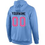 Custom Name and Number Sports Hoodie for Teams - Personalized Light Blue Sweatshirt with Pink and Black Stitching Personalized