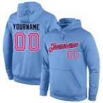 Custom Name and Number Sports Hoodie for Teams - Personalized Light Blue Sweatshirt with Pink and Black Stitching Personalized