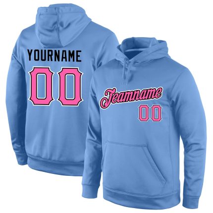 Custom Name and Number Sports Hoodie for Teams - Personalized Light Blue Sweatshirt with Pink and Black Stitching Personalized