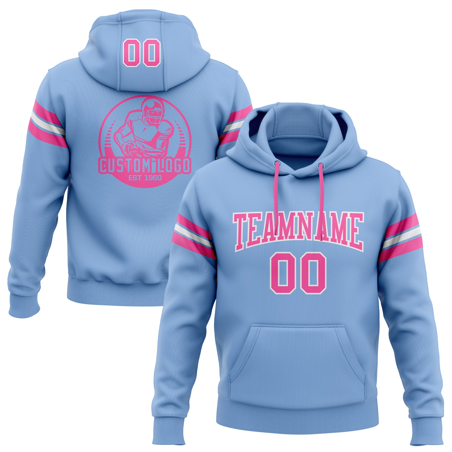 Custom Light Blue Pink White Football Hoodie with Stitched Name and Number - Personalized Pullover Sweatshirt Personalized
