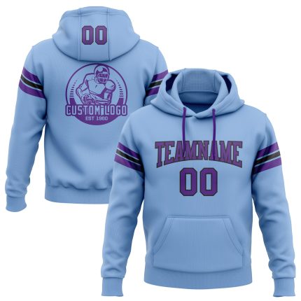 Custom Name and Number Football Hoodie Sweatshirt - Personalized Light Blue Purple-Black Pullover Personalized Stitched Light