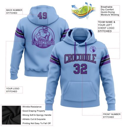 Custom Name and Number Football Hoodie Sweatshirt - Personalized Light Blue Purple-Black Pullover Personalized Stitched Light