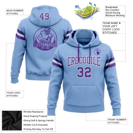 Custom Name and Number Football Hoodie Sweatshirt - Personalized Light Blue Purple-White Stitched Pullover Personalized Stitched