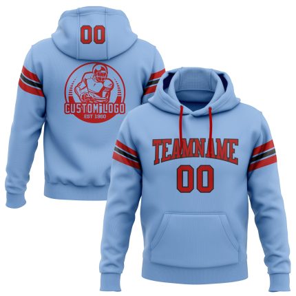 Custom Team Name Number Light Blue Red Black Football Hoodie Sweatshirt Pullover Personalized Stitched Light Blue Red-Black