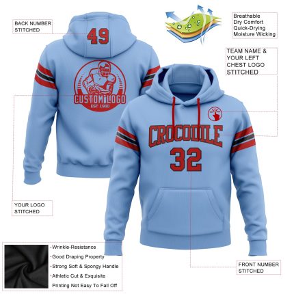 Custom Team Name Number Light Blue Red Black Football Hoodie Sweatshirt Pullover Personalized Stitched Light Blue Red-Black